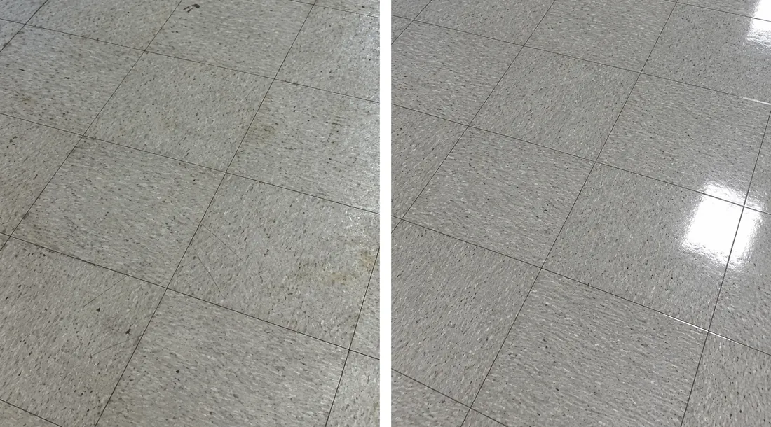Grey VCT floor before restoration on the left, polished on the right