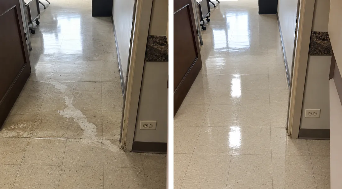Dull VCT hallway floor before restoration on the left, glossy after on the right