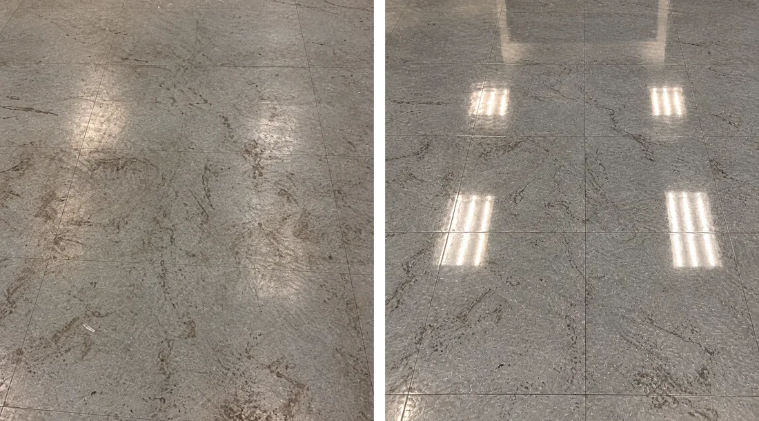 Scuffed jewel gray lobby tile on the left, restored and sealed on the right