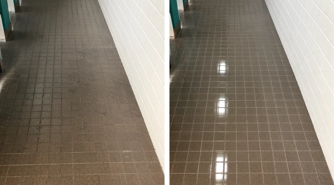 Stained restroom tile on the left, clean grout and a sealed floor on the right