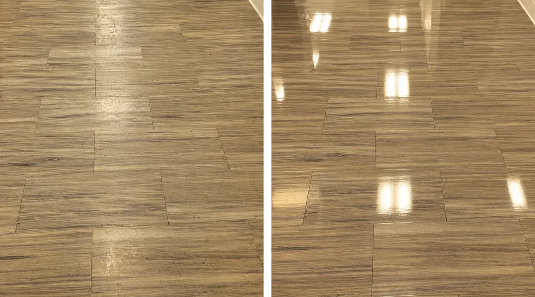 Dull commercial vinyl floor on the left, deep cleaned and finished on the right