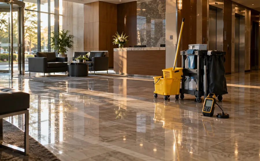 Office building lobby with a janitorial cart on a polished floor