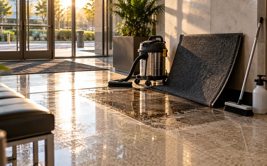 Entry mat lifted during a deep first cleaning of an office entrance