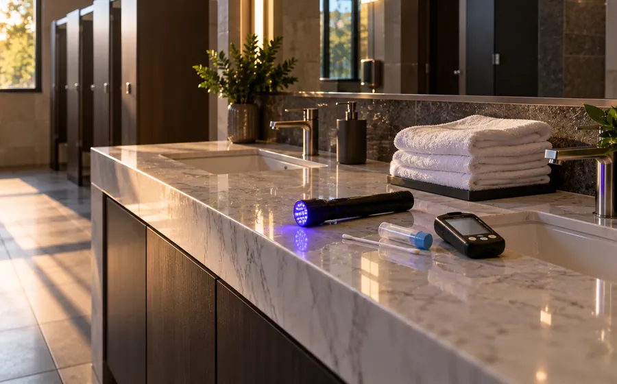 UV light and ATP test device on a restroom counter